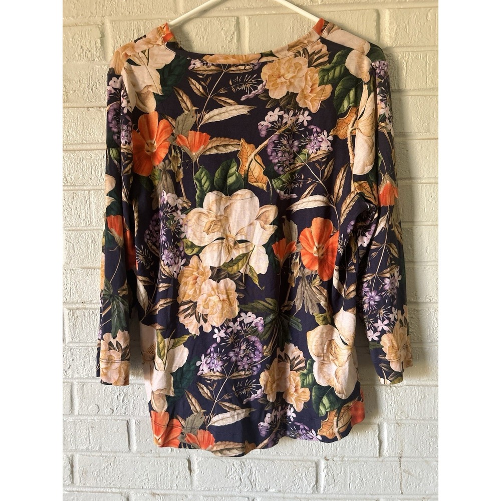 Chicos Top Floral Womens Sz 2 Large Pima Cotton 3/4 Sleeve V Neck Career Office - Picture 8 of 8